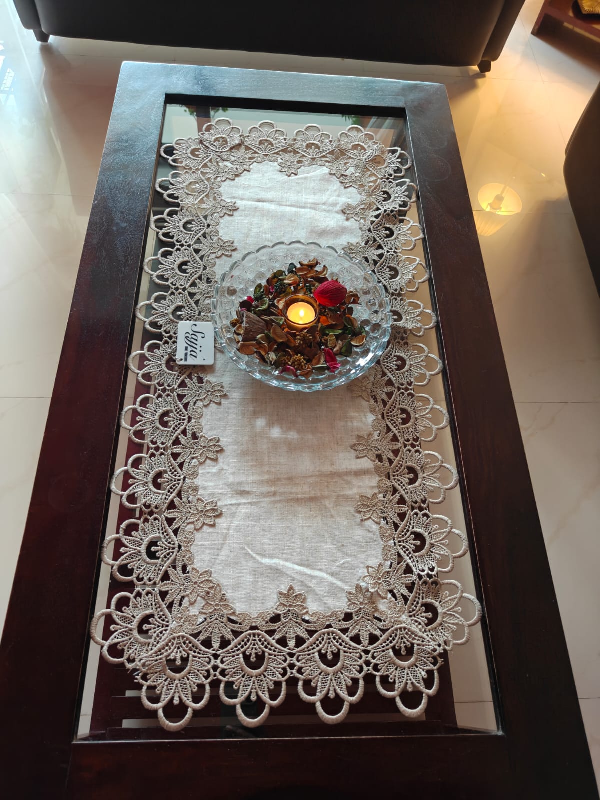 Victorian Lace Earthy Linen Console Crockery Table Runner Centre Table