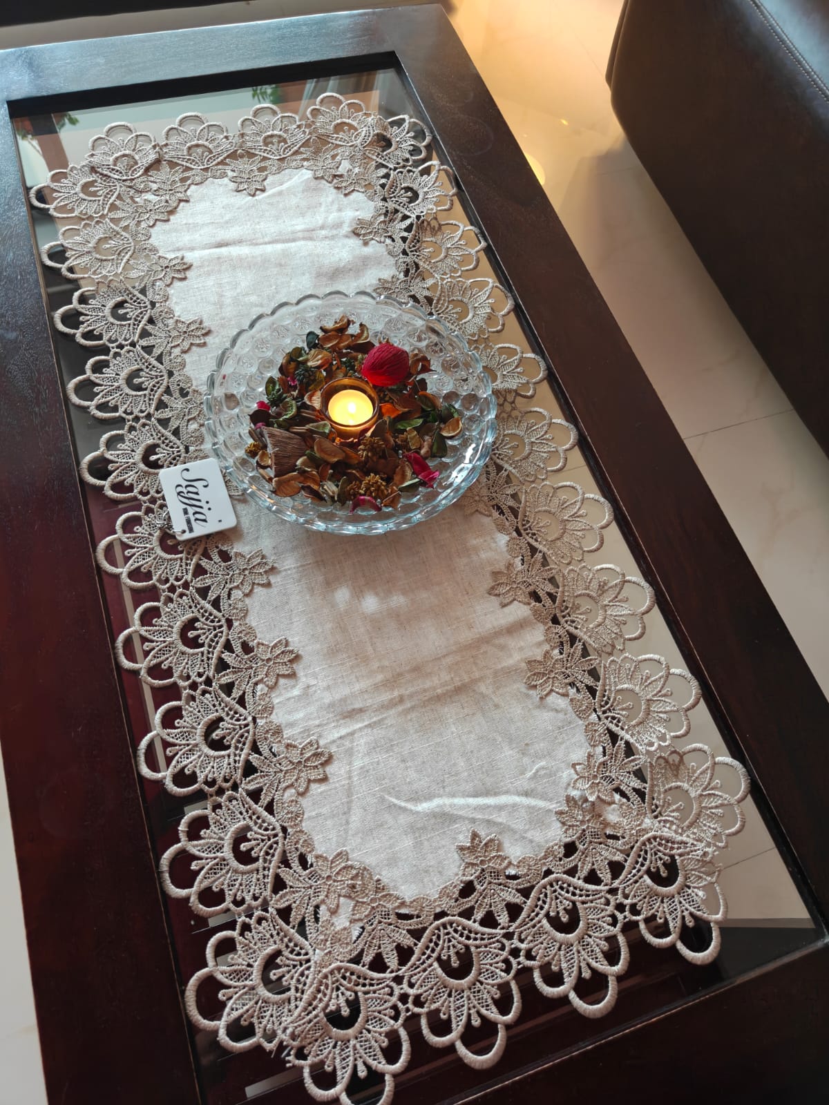 Victorian Lace Earthy Linen Console Crockery Table Runner Centre Table