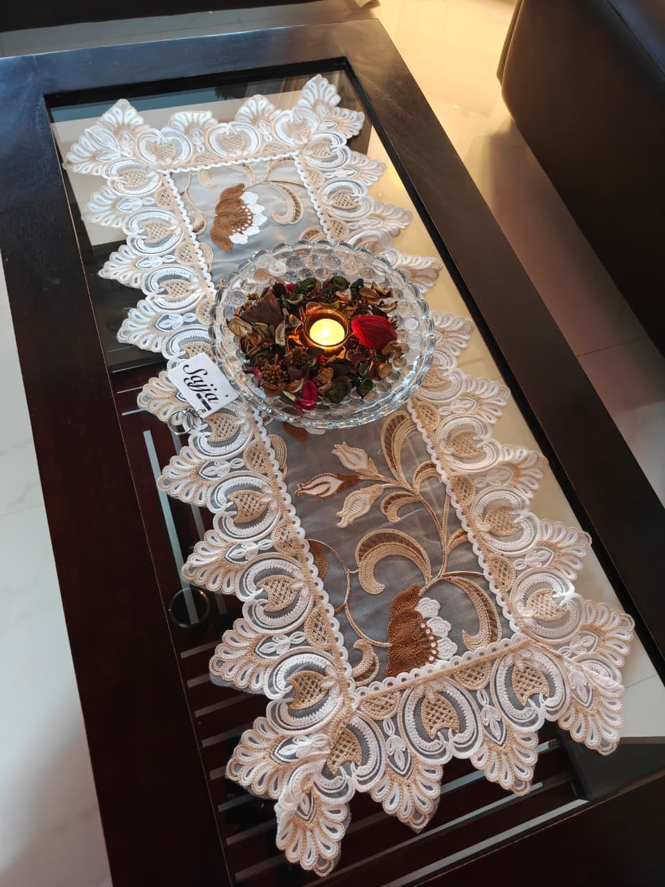 Add Grace To Décor Light Cream Beige Embroidered Console Crockery Table Runner