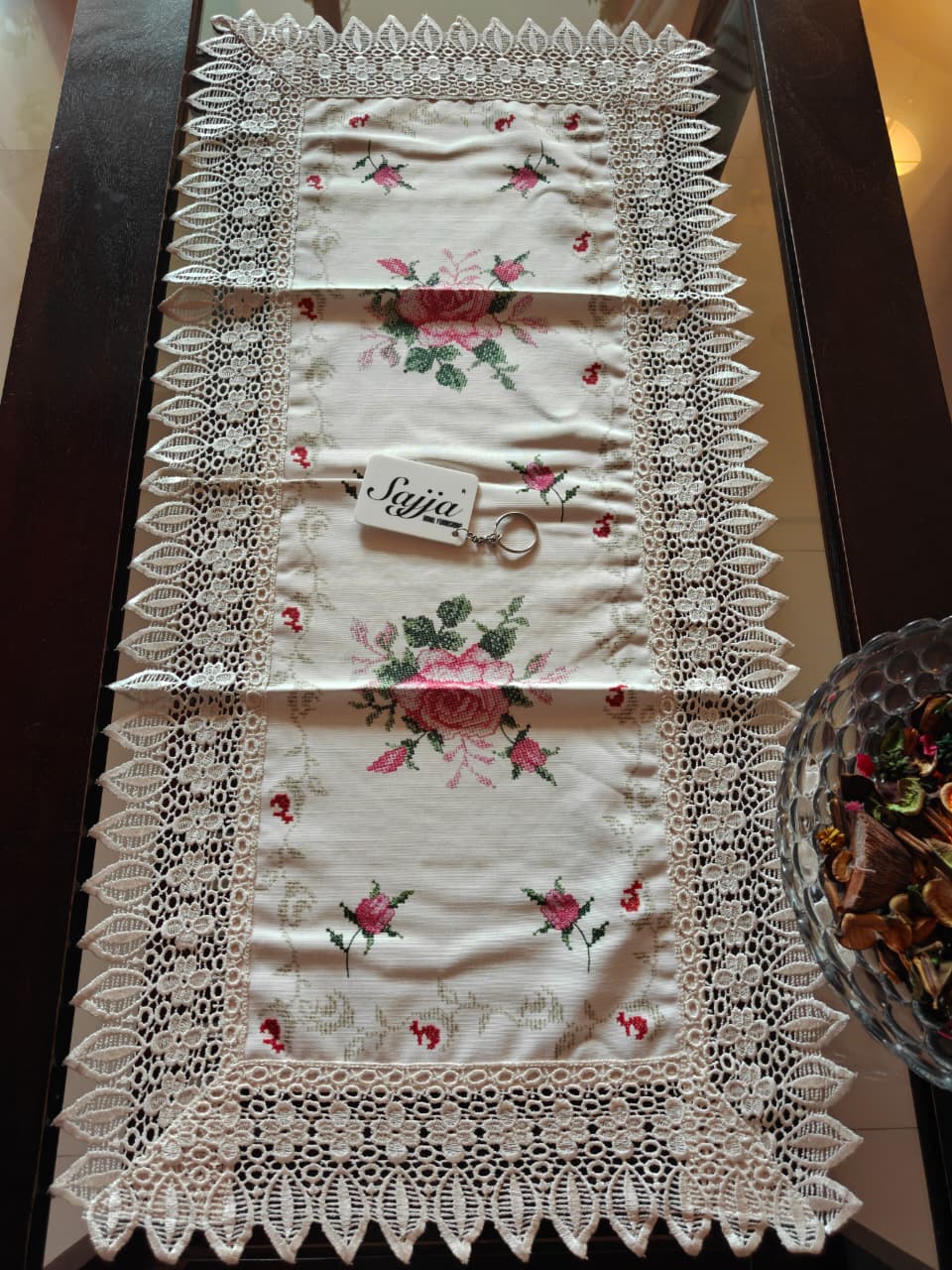 Beautiful N Sophisticated Cutwork Organza Cotton Embroidered Teapoy Table Runner 16 x36 inch