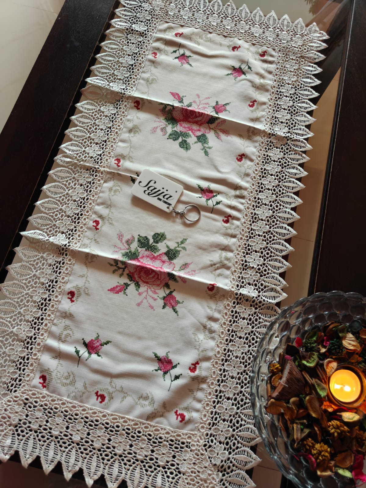Beautiful N Sophisticated Cutwork Organza Cotton Embroidered Teapoy Table Runner 16 x36 inch