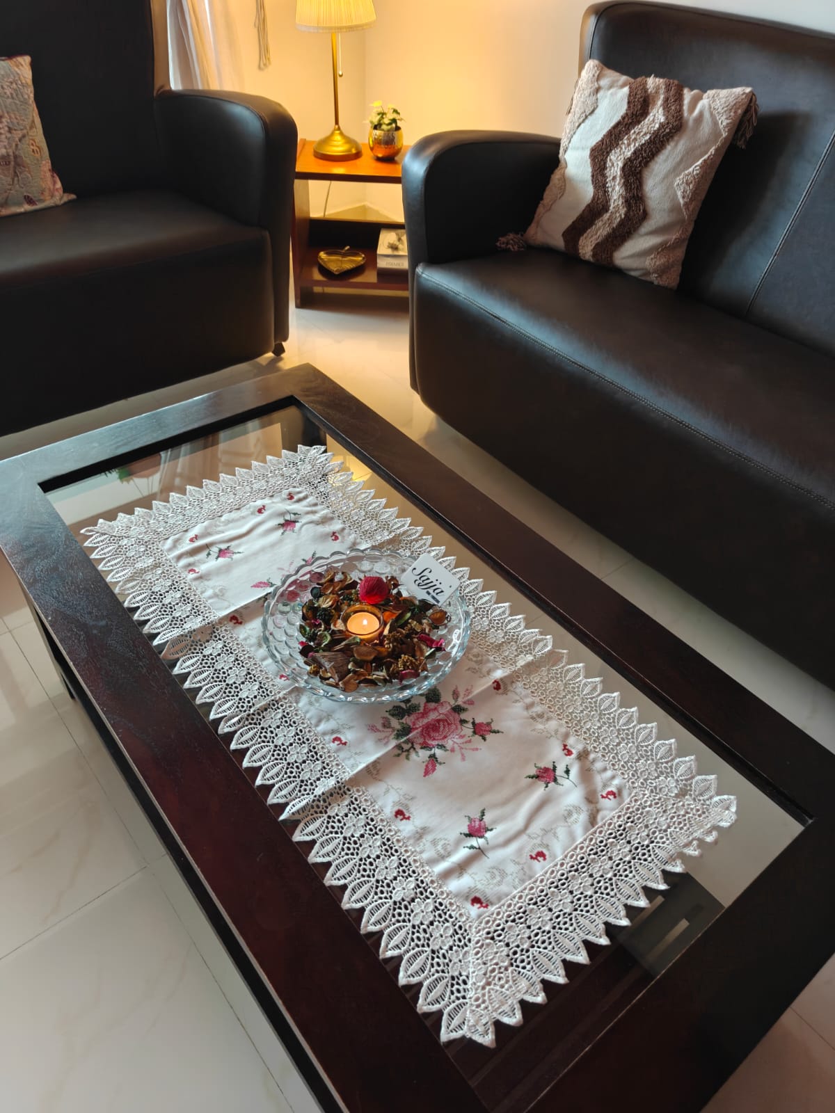 Beautiful N Sophisticated Cutwork Organza Cotton Embroidered Teapoy Table Runner 16 x36 inch