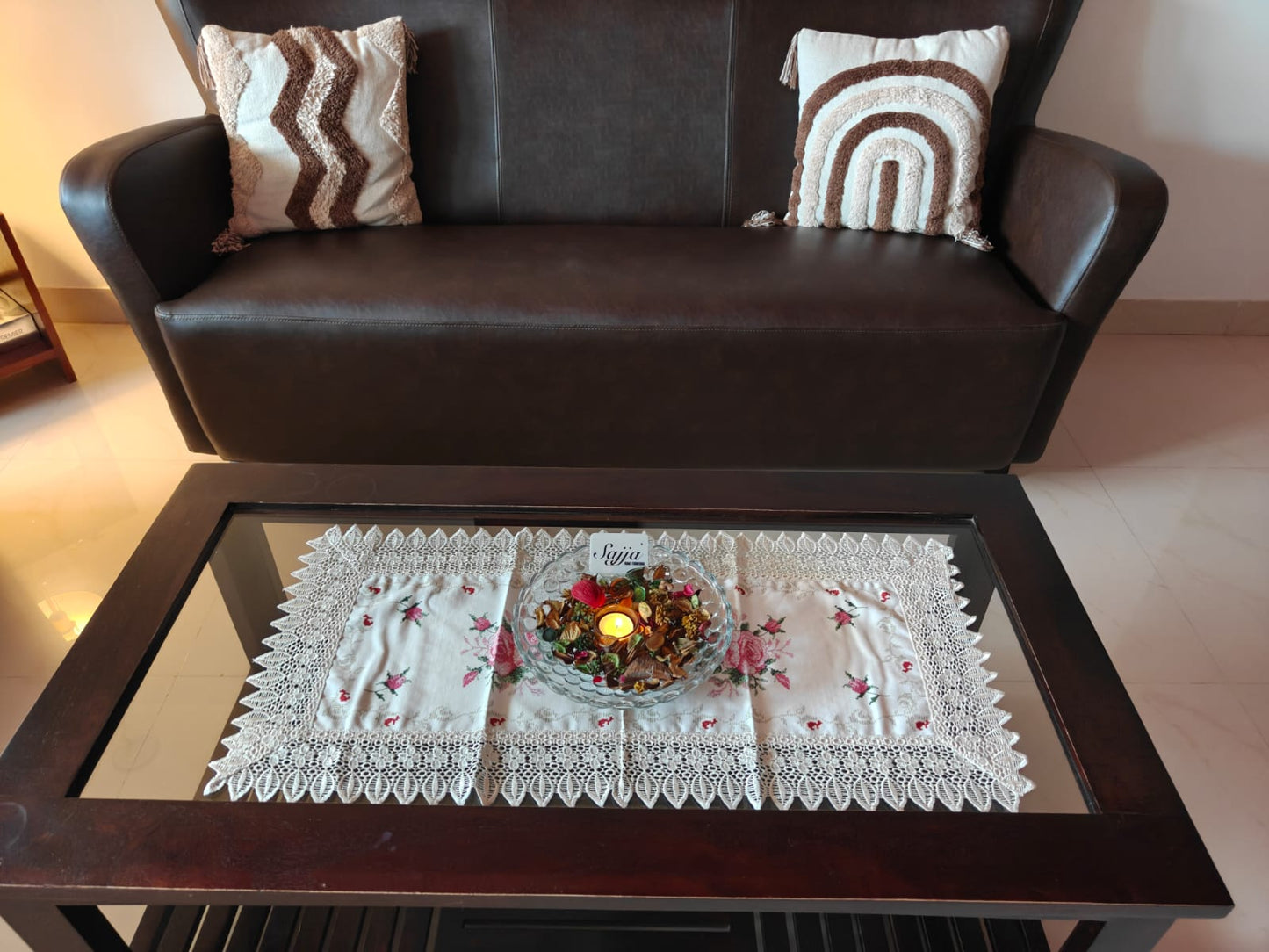 Beautiful N Sophisticated Cutwork Organza Cotton Embroidered Teapoy Table Runner 16 x36 inch