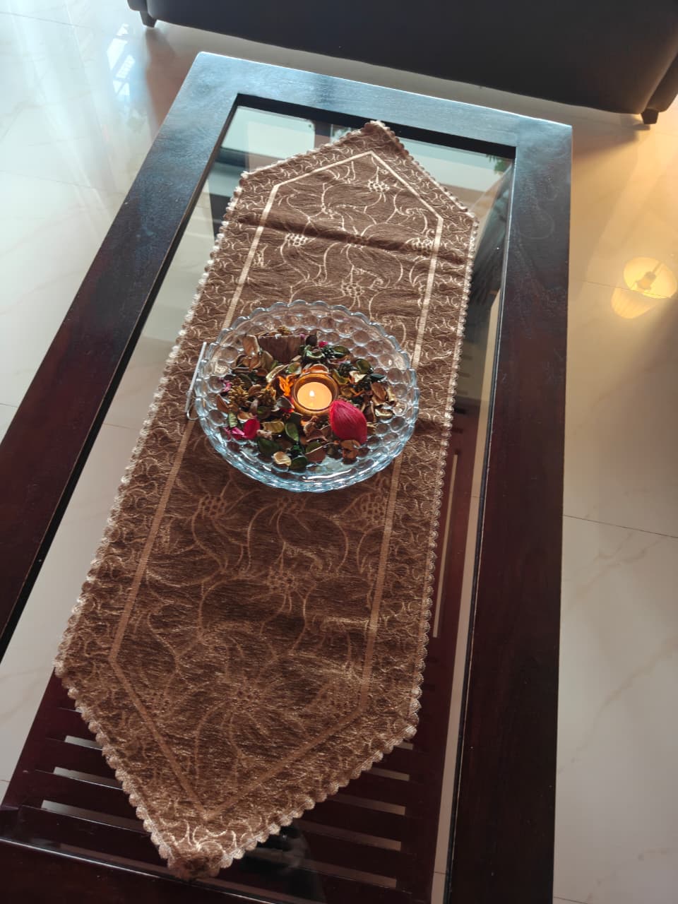 Buy Brown Velvet Embossed Console Crockery Table Runner (L- 38in, W-13in)