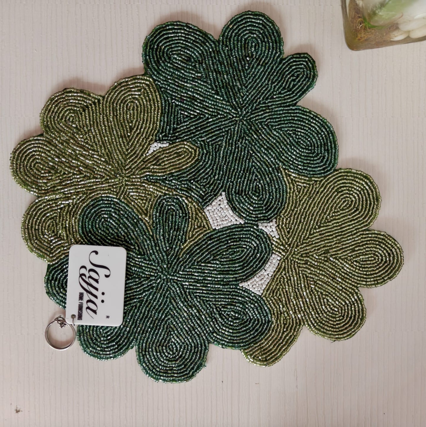 Green Festive Floral Embroidered Beaded Table Placemat