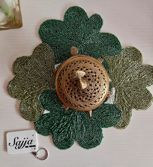 Green Festive Floral Embroidered Beaded Table Placemat