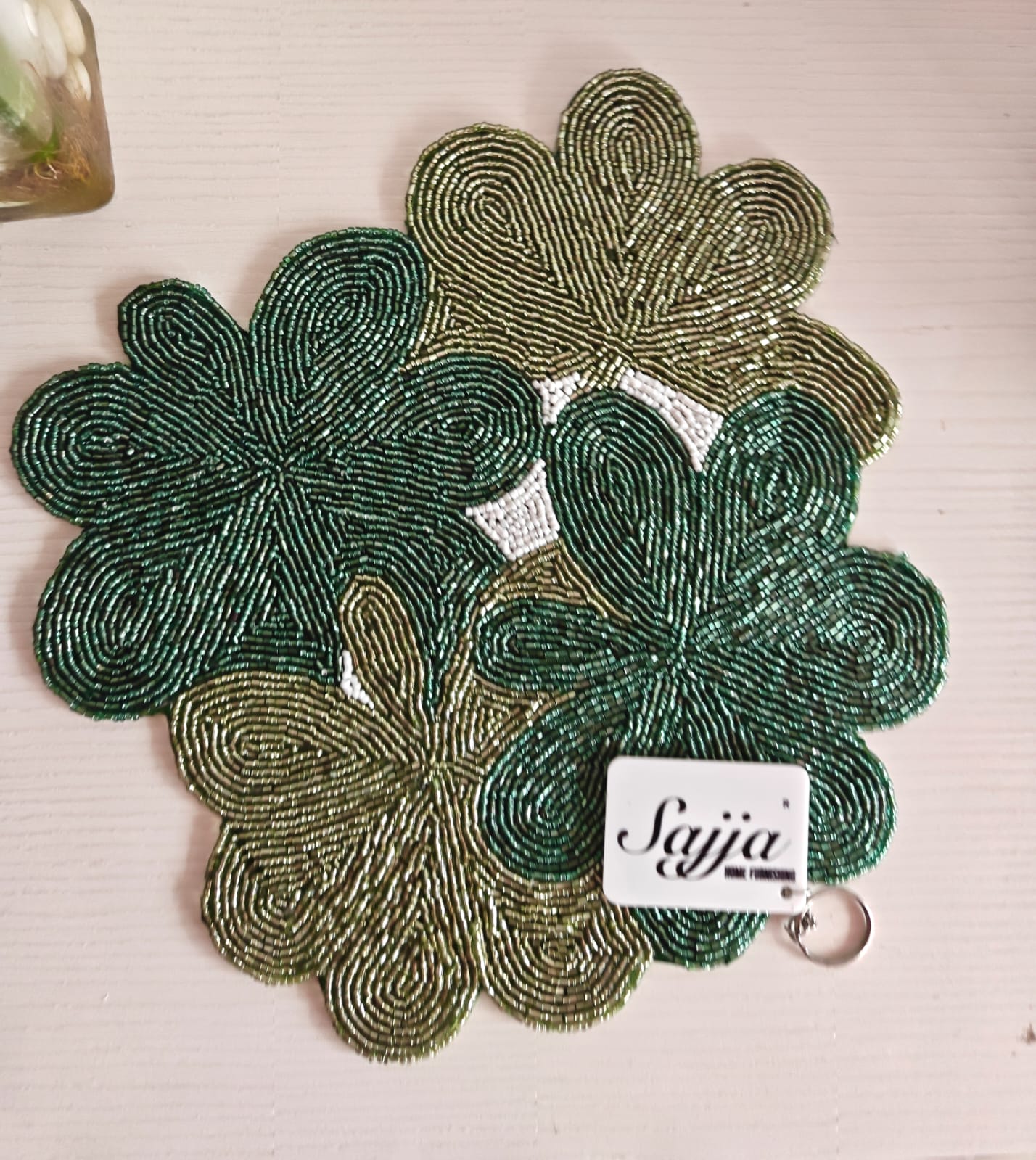 Green Festive Floral Embroidered Beaded Table Placemat