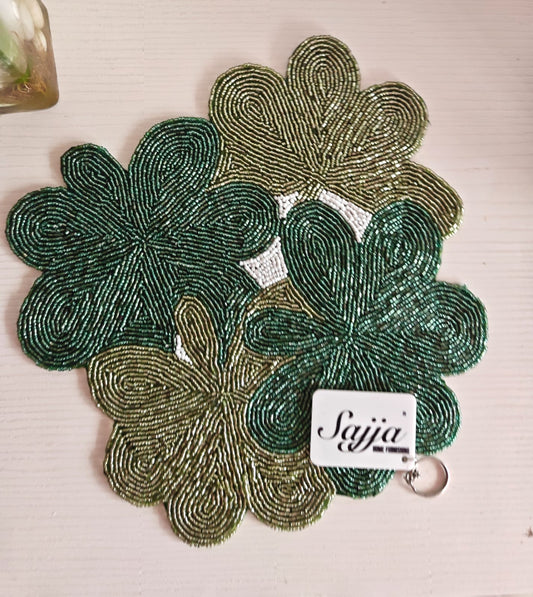 Green Festive Floral Embroidered Beaded Table Placemat