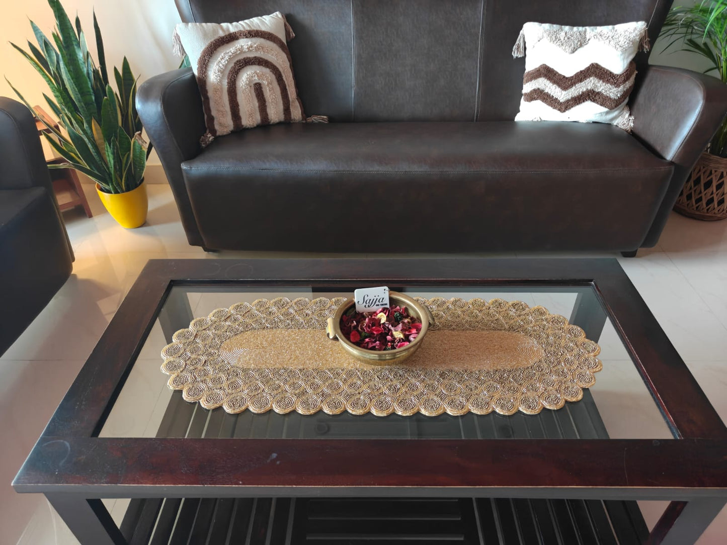 Vintage Brass Gold Oval Handwoven Beads Table Runner Home Decor