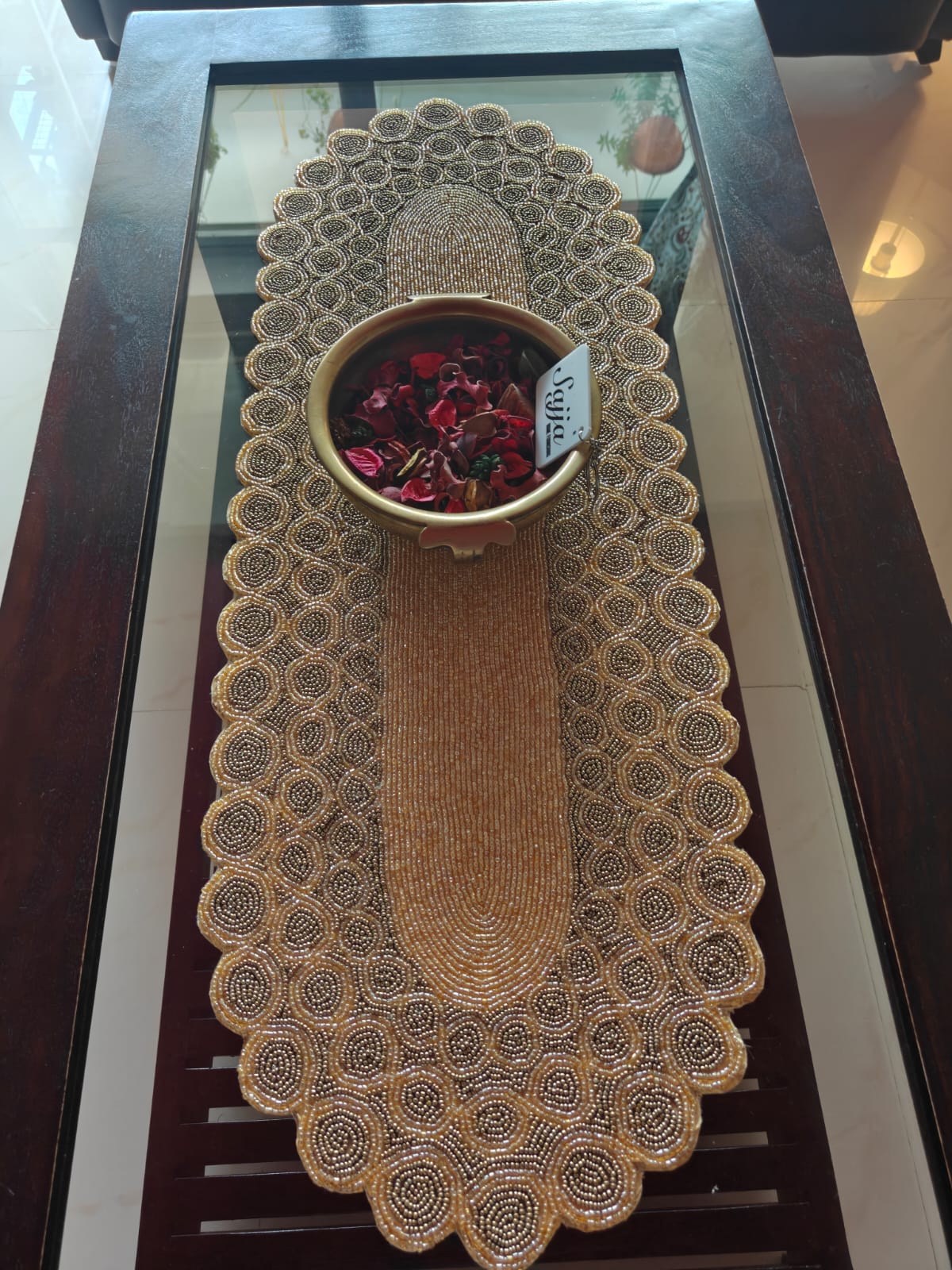 Vintage Brass Gold Oval Handwoven Beads Table Runner Home Decor