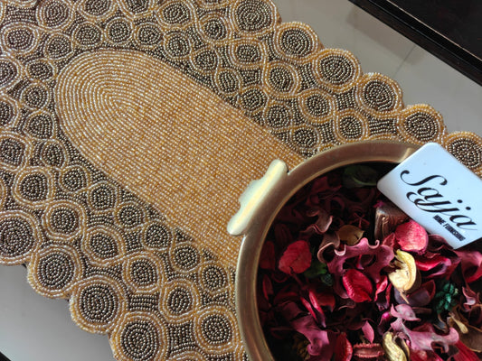 Vintage Brass Gold Oval Handwoven Beads Table Runner Home Decor