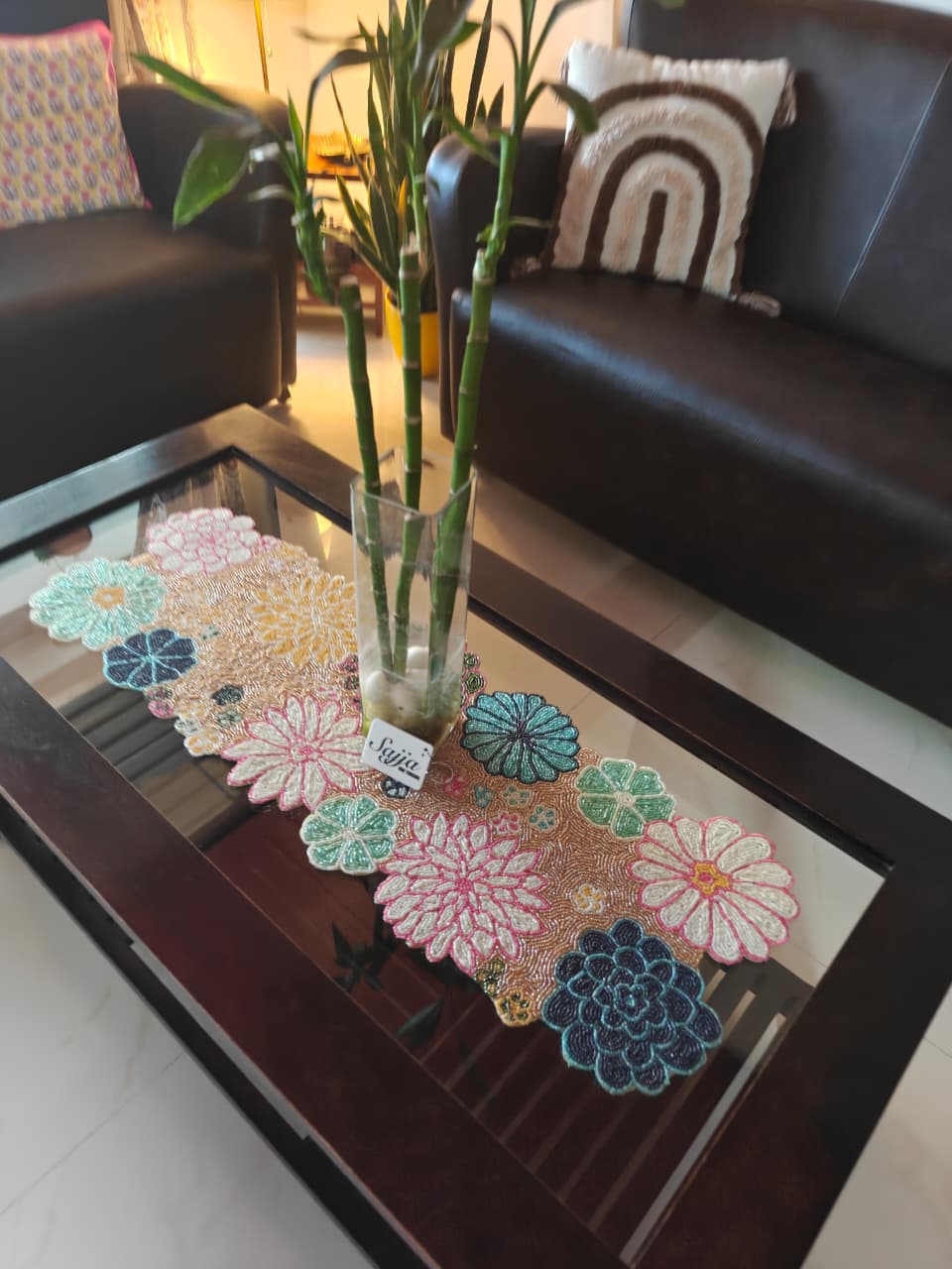 Elegant Floral Blue Bloom Handwork Beads Table Runner