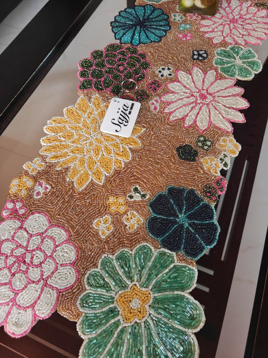 Elegant Floral Blue Bloom Handwork Beads Table Runner