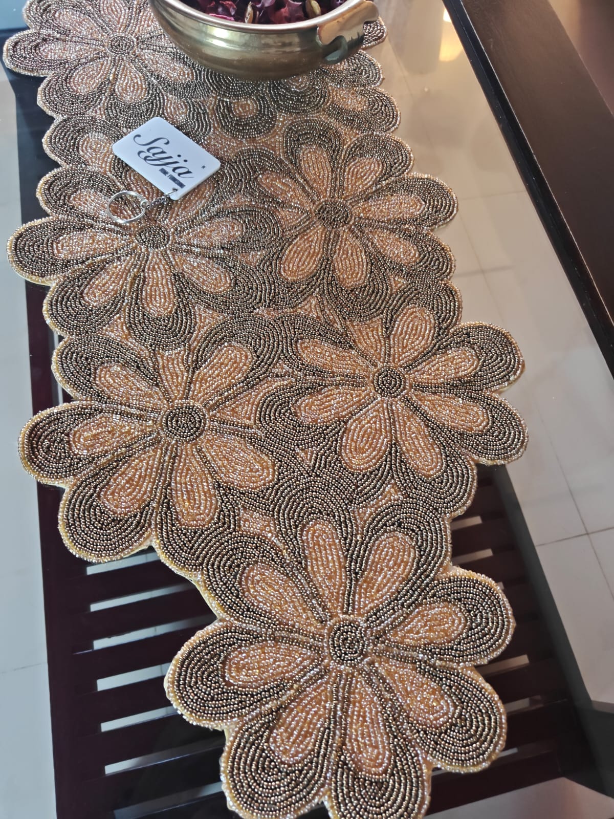 Classic Golden Bronze Handwoven Beaded Table Runner