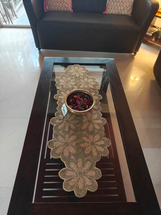 Classic Golden Bronze Handwoven Beaded Table Runner