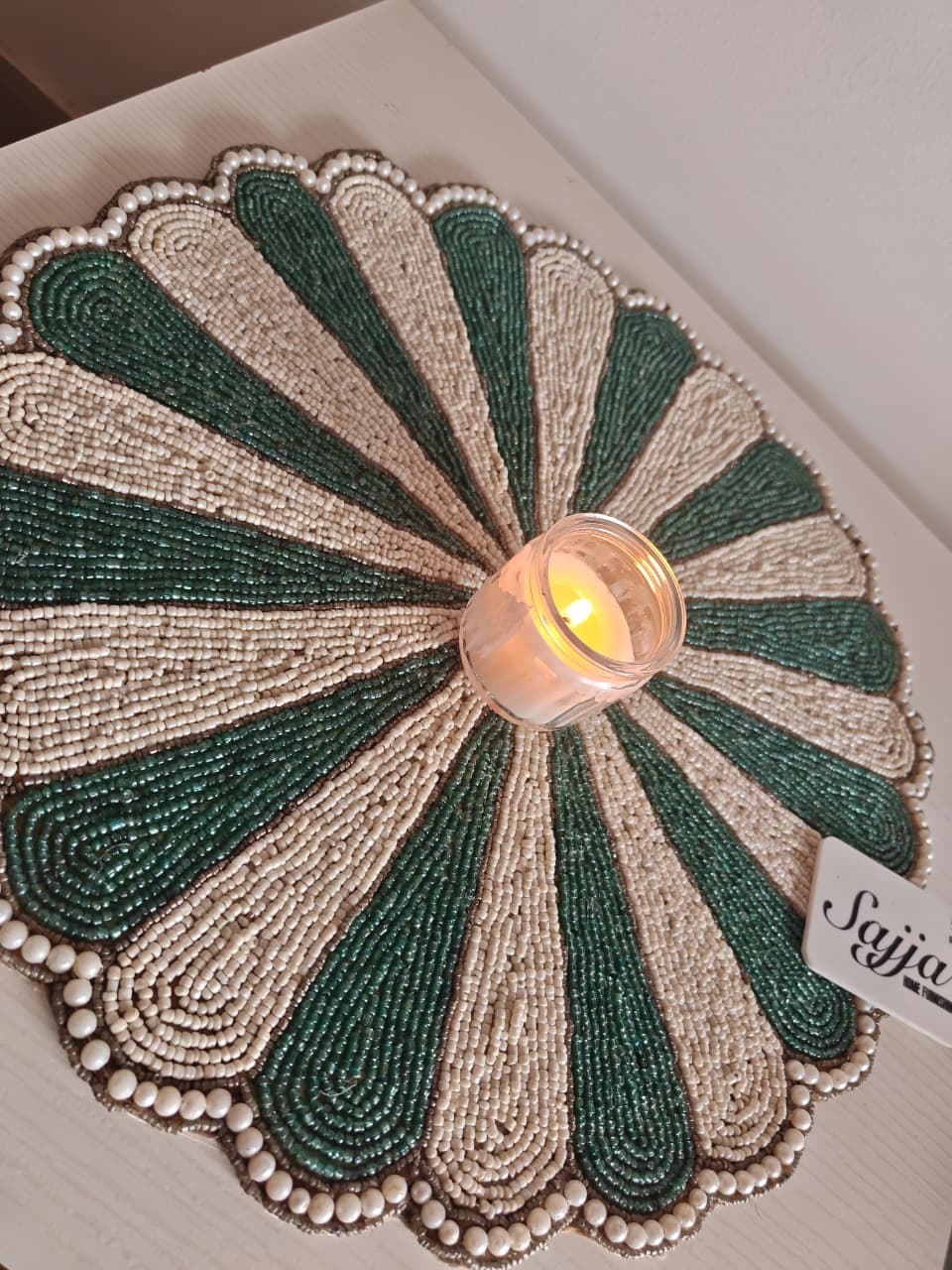 Beautiful Circle Of Life Round Sage Green Beaded Placemat Beads Mat