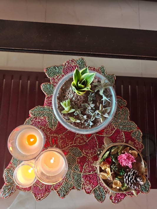 Designer Regal Handcrafted Floral Poinsettia Beaded Glass Placemat Table Mat