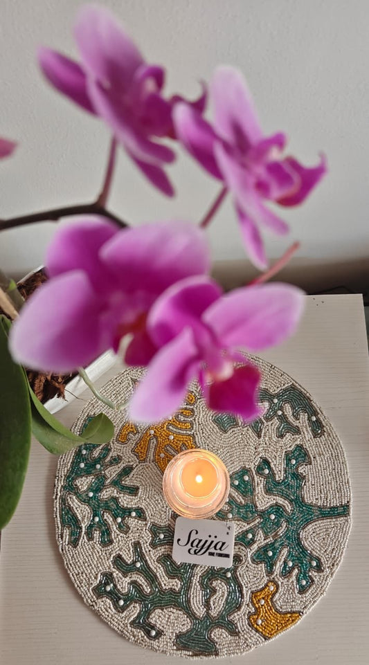 Designer Jade Yellow Ivory Floral Coral Beads Table Mat Trivet