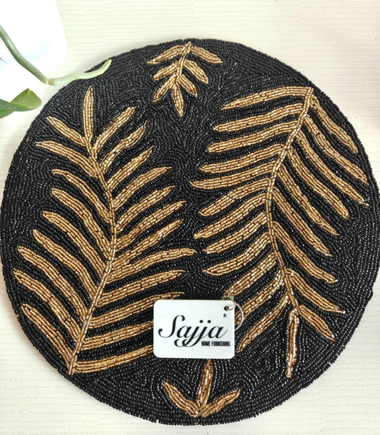 Vintage Black Golden Beaded Round Handwoven Table Mat Placemat