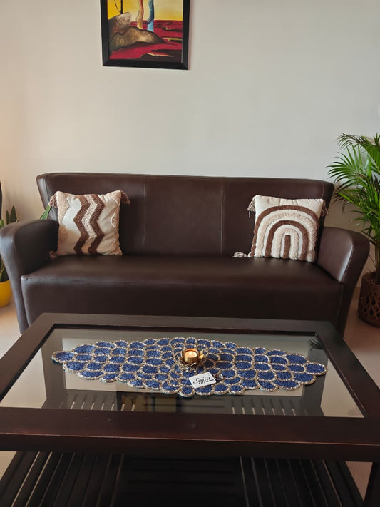 Vintage Gold And Blue Teal Handmade Glass Beads Decorative Table Runner