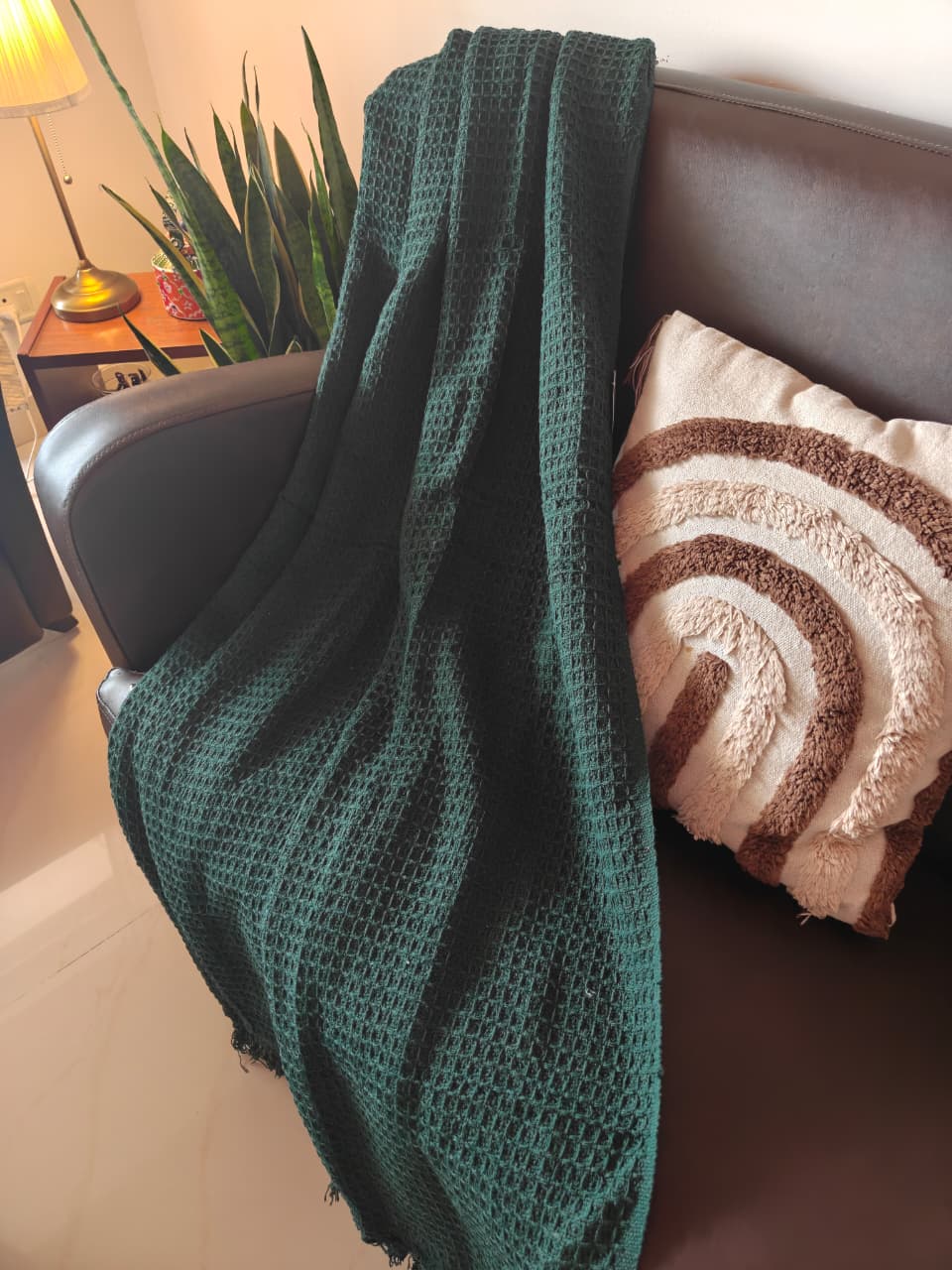 Forest Green Waffle Weave Pure Cotton Throw (Onesize)