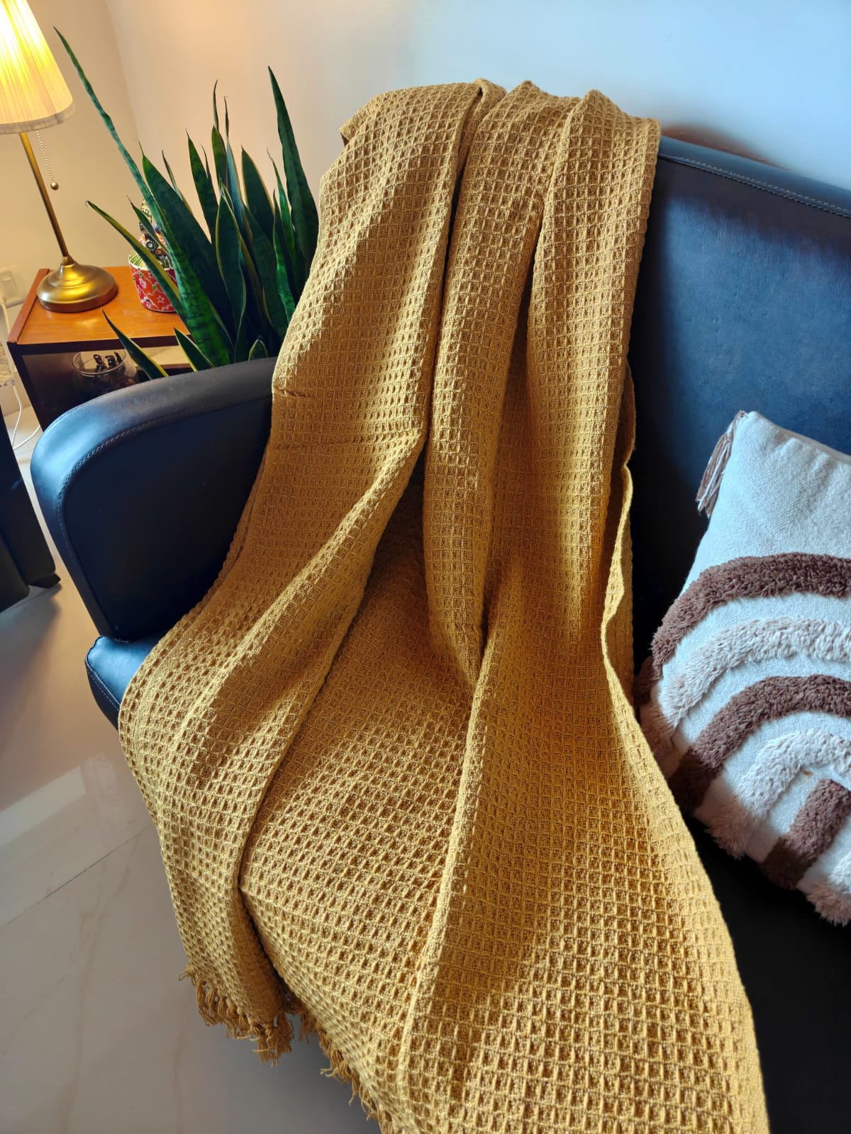 Designer Pure Cotton Waffle Throws Mustard (Onesize)