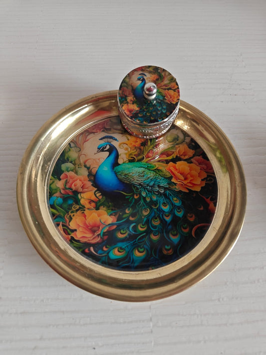 Buy Brass Golden Peacock Pichwai Kumkum Box with Plate ( 6 inches plate)