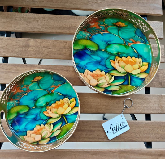Pichwai Set of 2 Decorative Tray Big Tray 10 x10 inches & small Tray : 8 x8 inches Metal Pooja | Decor trays