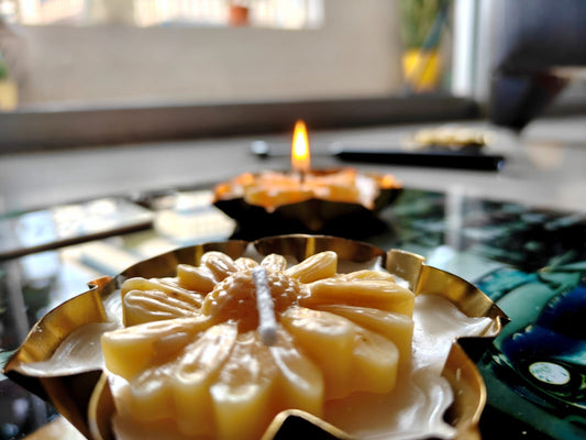 Daisy Soy Wax Gold Plated Urli Candle | Handcrafted Diya | 1 piece | Indian Festival Diya | Decorative Metal Candle Holder for Pooja & Festive Decor
