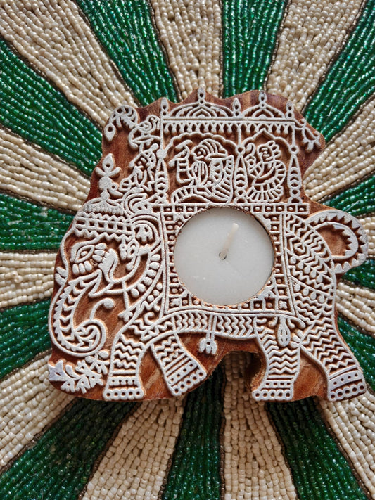 Rajwada Elephant Handcarved Pure Wood Diya Tealight Candle Holder | Handcrafted Diya | 1 piece | Indian Festival Diya