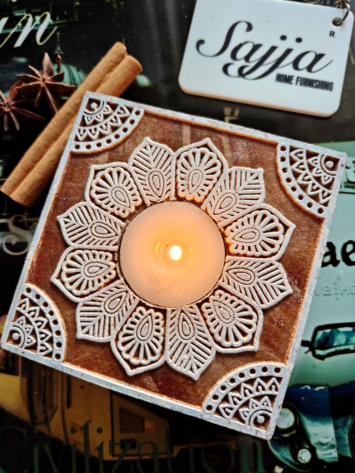 Wooden Block Decorative Polished Tealight Candle Holder | Handcrafted Diya