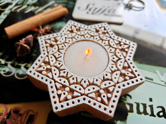 Handcrafted Ashtabhuja Star Wooden Tealight Candle | Handcrafted Diya | 1 piece | Indian Festival Diya