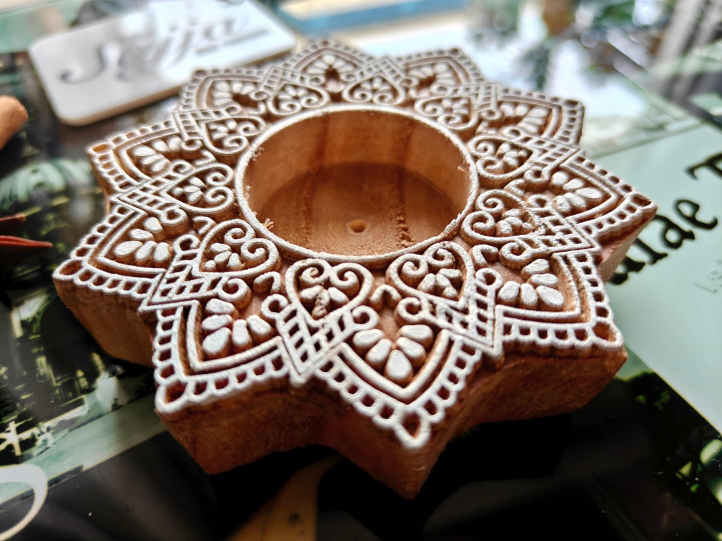 Decagram Handcrafted Wood Tealight Candle Holder | Handcrafted Diya | 1 piece | Indian Festival Diya