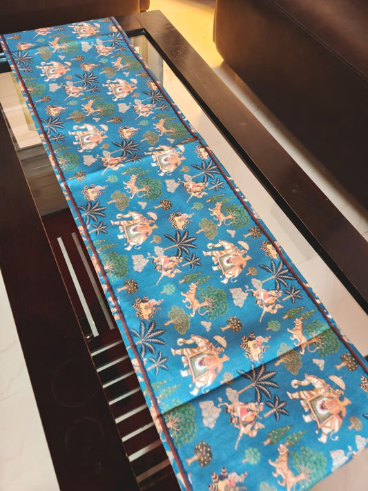 Designer Kalamkari Dupioni Silk Table Runner For Dining Table Coffee Table n Foyer (L-72in, W-12in)