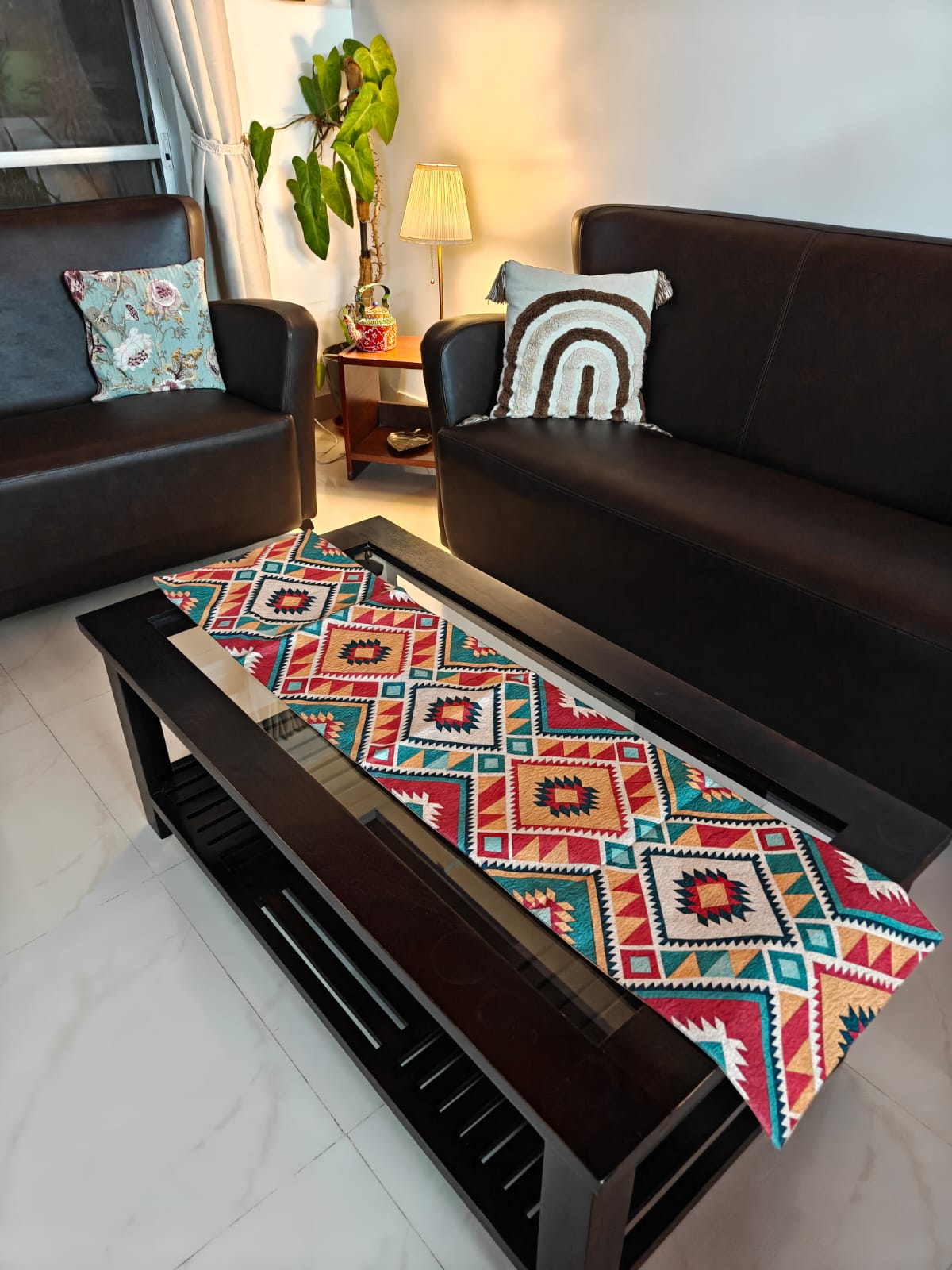 Colourful Ikat Art Inspired Silk Small Coffee Table Runner L-48 in, W-12 in