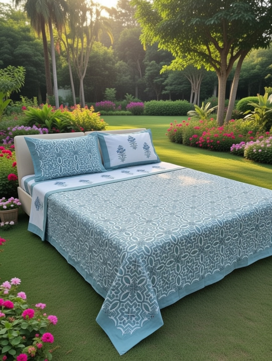 Buy Vintage Hand block Greyish Green Sage Pure Cotton Super King Double Bedsheet 108 inches x 108 inches