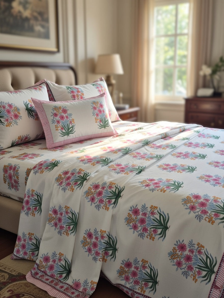 Designer South Cotton Mughal Floral Hand block Double Bedsheet King 9 feet x 9 feet