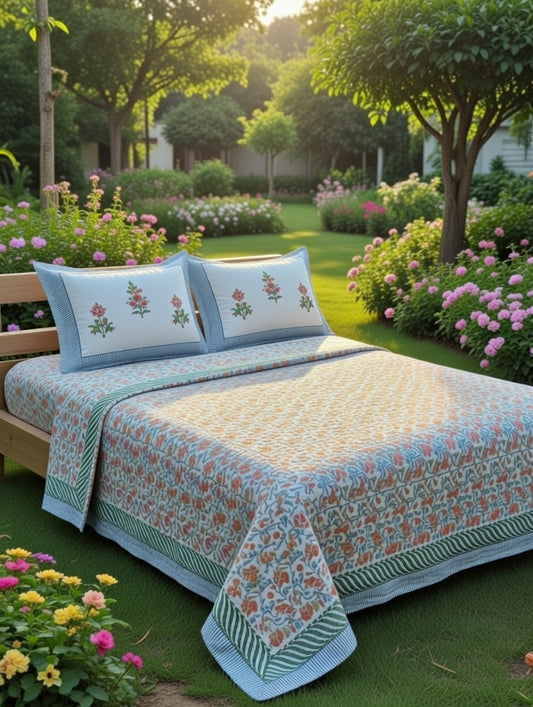 Designer Mughal Bagh Phool Butta Pink Blue Cotton Hand block King Bedsheet 9 x 9 feet