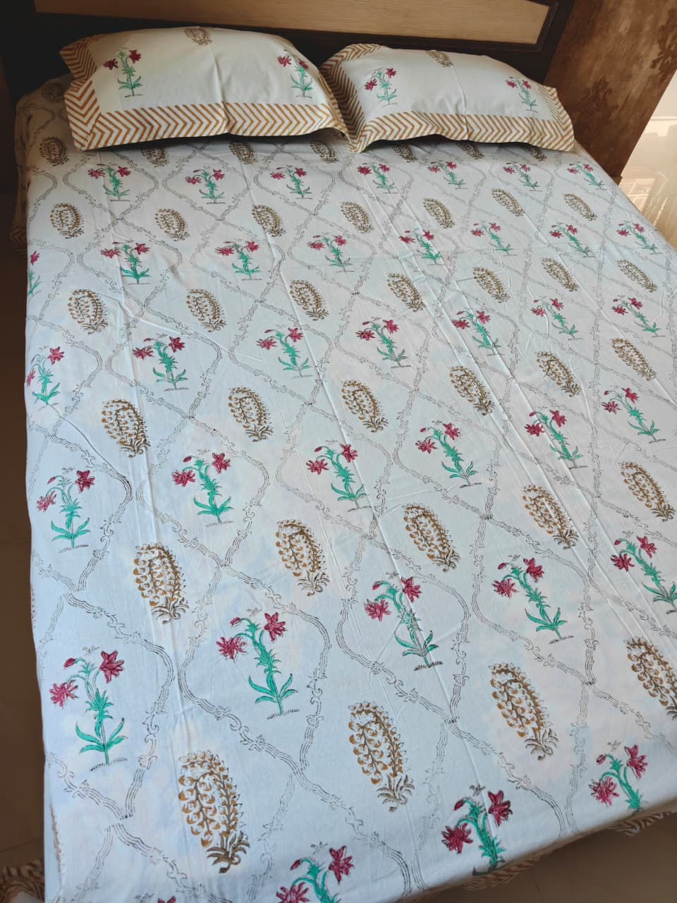 Earthy Cotton Mughal Floral Hand block Double Bedsheet King 9 feet x 9 feet