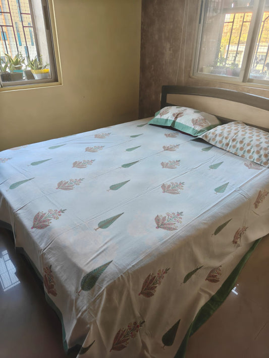 Vintage Cotton Mughal Sage Floral Hand block Double Bedsheet King 9 feet x 9 feet