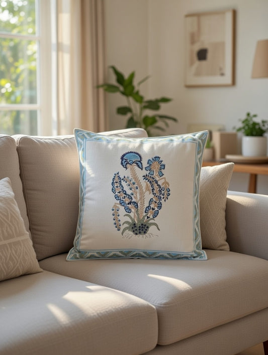 Vintage Hand block Blue Phool Premium Cushion Covers cotton 16 x 16 inches