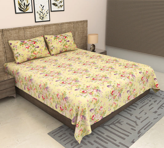 Melody Collection Yellow Floral Premium Cotton Double Bed Super King Bedsheet 9f x 9f
