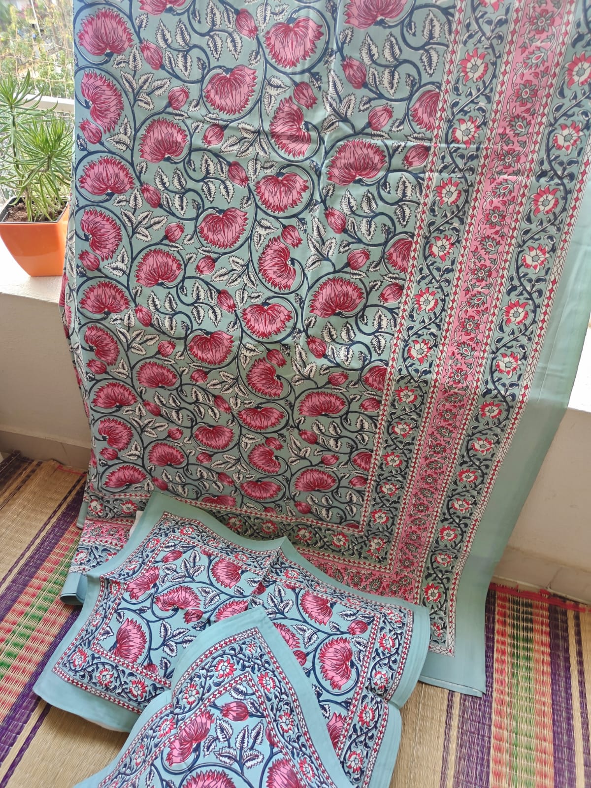 Heritage Vintage Ash Pink Cotton Floral Double Bedsheet King (9 feet x 9 feet)