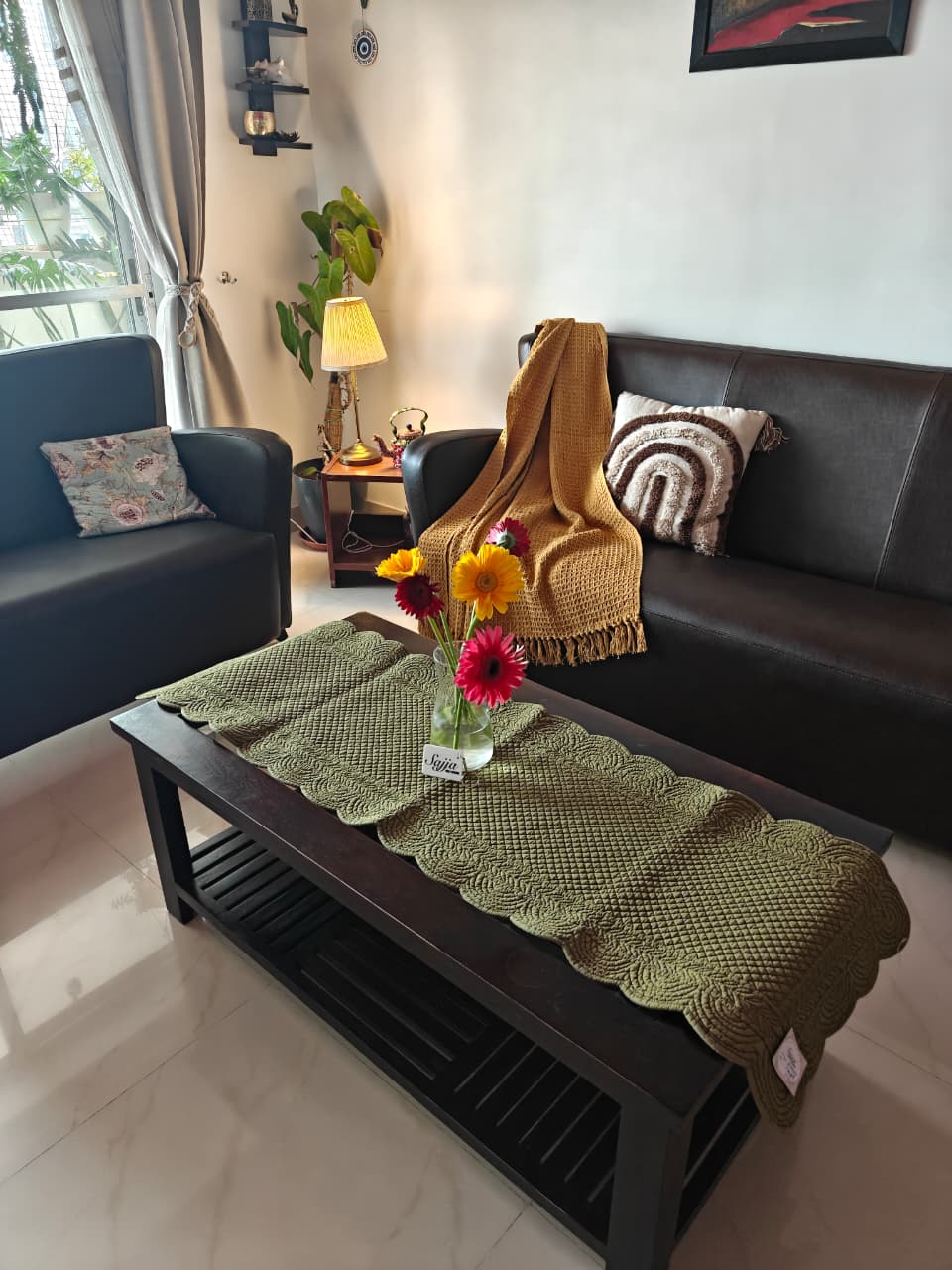 English Forest Green Quilted Table Runner Cover (L-54in, W-17in) for Foyer Centre, Side Table