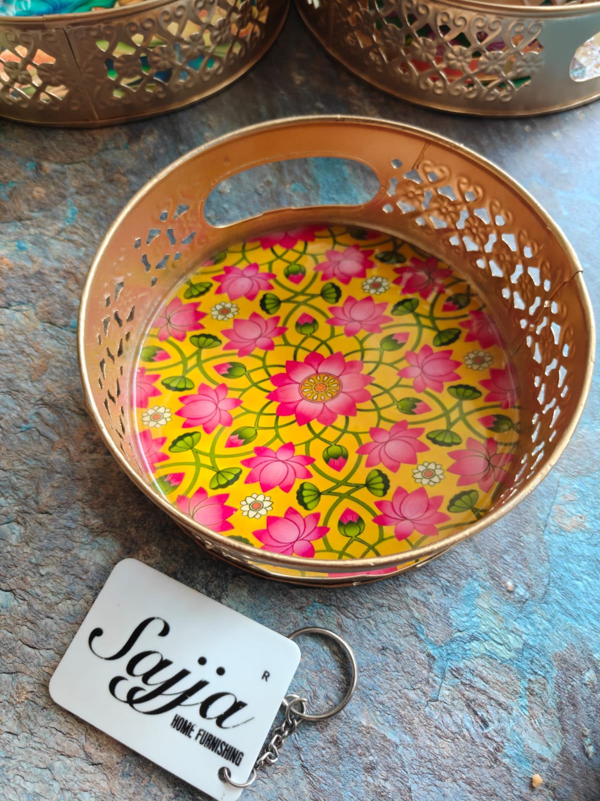 Round Bright Yellow Pink Pichwai Metal Decorative Tray (6" inches)