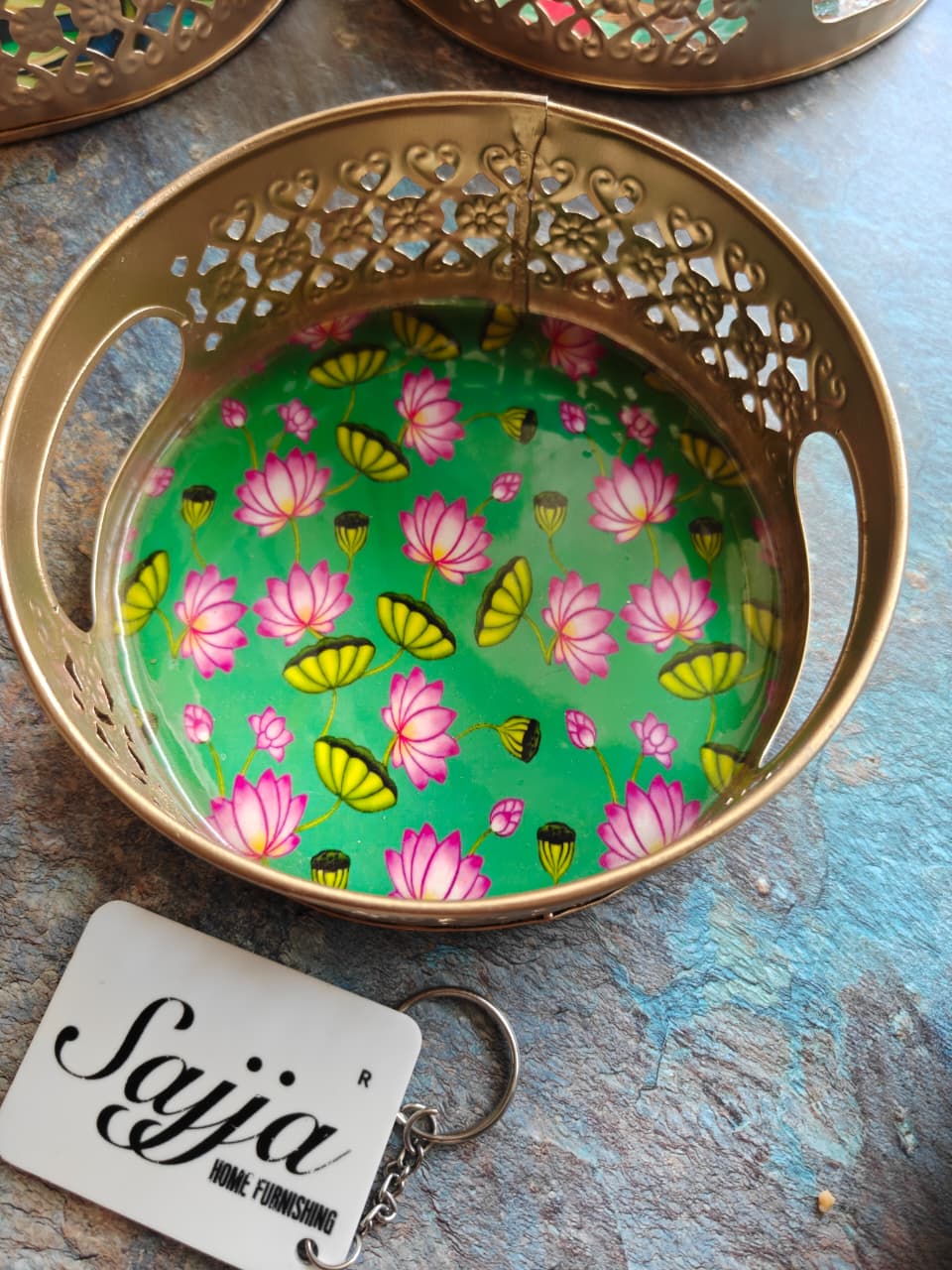 Teal Green Pichwai Auspicious Kamal Decorative Tray (6" inches)