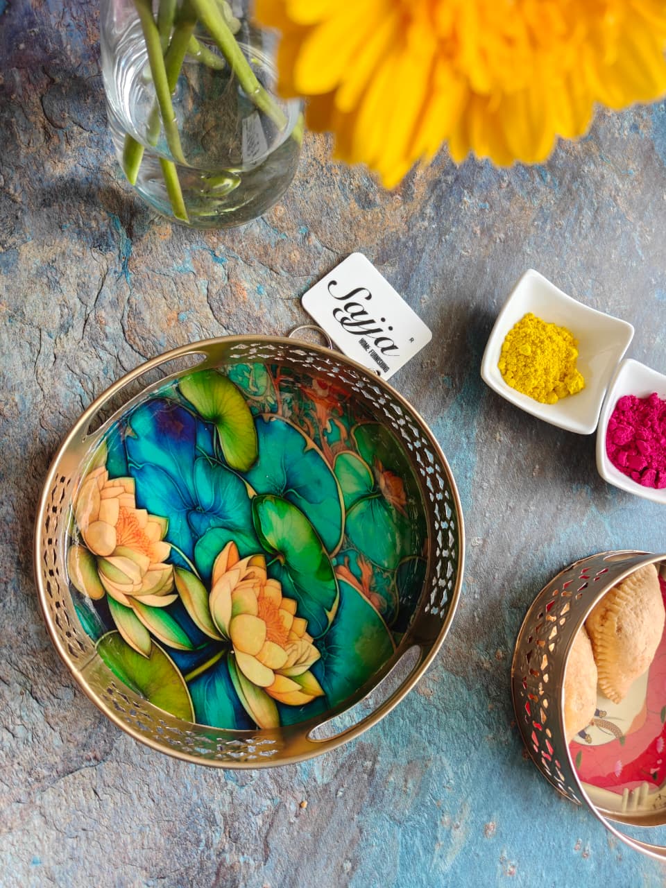 Decorative Modernistic Lotus Kamal Round Gold Metal Tray| Gifting | Decor (8 x 8 inches)