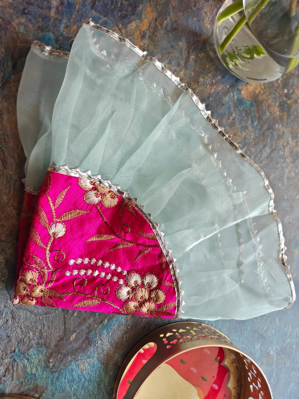 Decorative Blue Silver Golden Organza Gota Patti Thalposh/Thali Cover