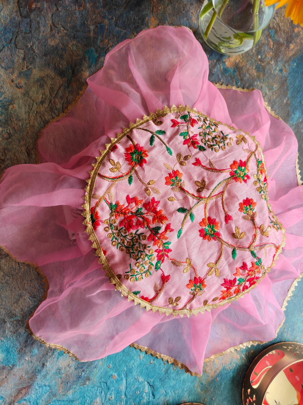 Decorative Embroidered Organza Gota Patti Thalposh/Thali Cover