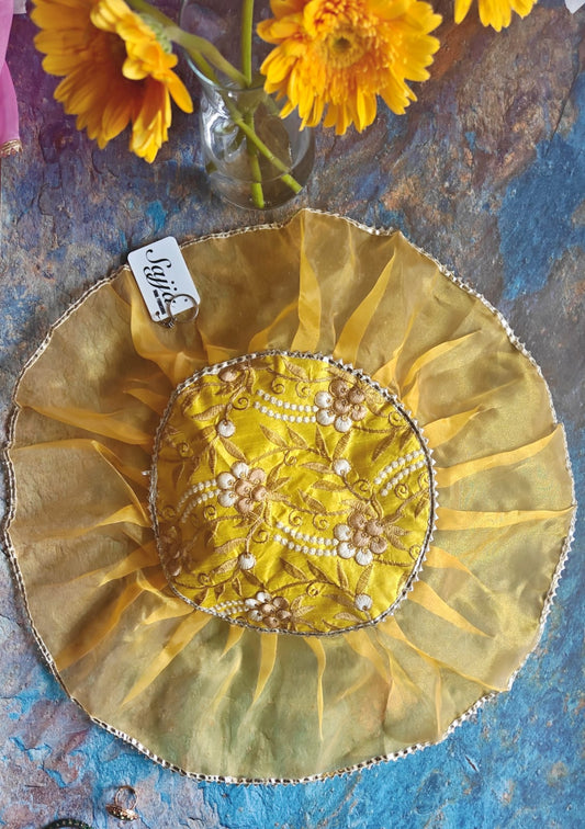 Decorative Yellow Silver Golden Organza Gota Patti Thalposh/Thali Cover